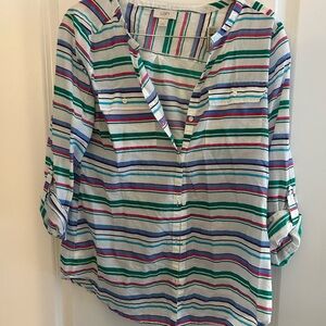LOFT Striped Button Down Shirt - Blue, Green, Pink